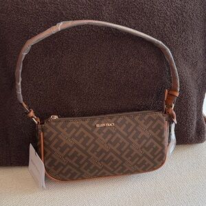 Ellen Tracy Brown Monogram Shoulder Bag with Tan Trim